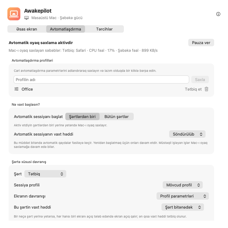 Awakepilot avtomatlaşdırma profilləri və şərt parametrləri