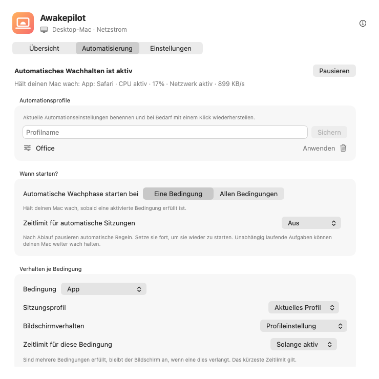 Awakepilot-Automatisierungsprofile und Einstellungen je Bedingung