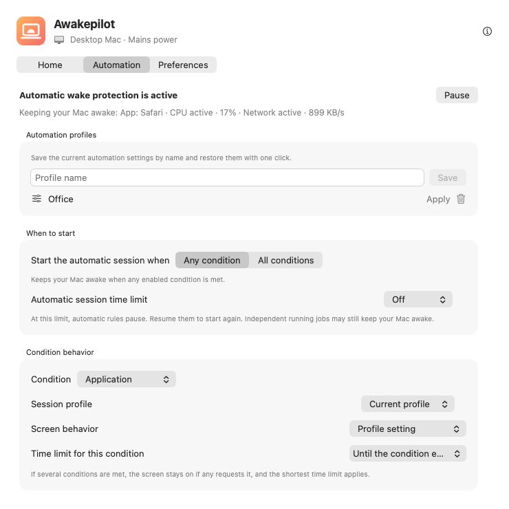 Awakepilot automation profiles and per-condition controls