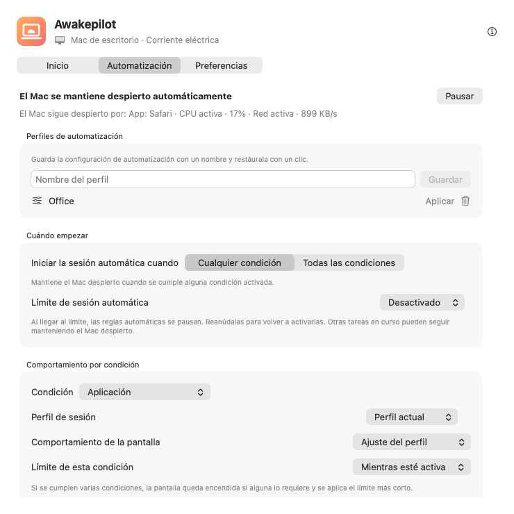 Perfiles de automatización y controles por condición de Awakepilot