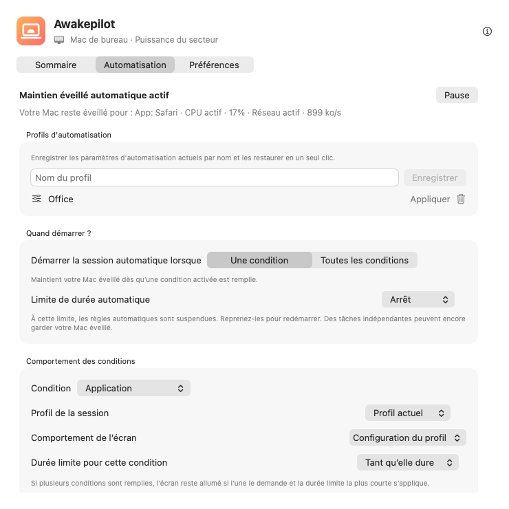 Profils d’automatisation et réglages par condition d’Awakepilot