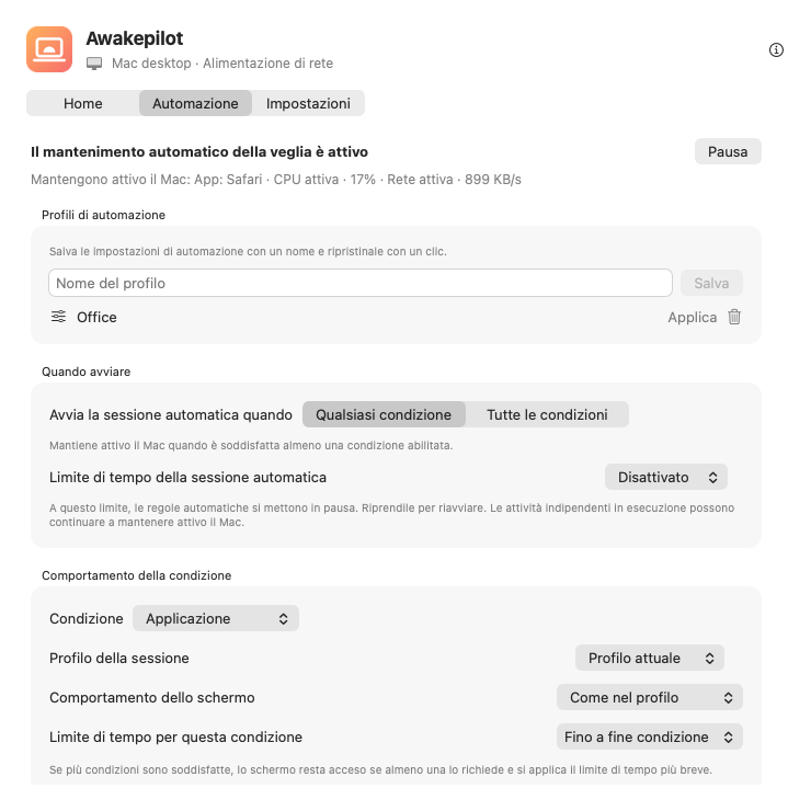 Profili di automazione e controlli per condizione di Awakepilot