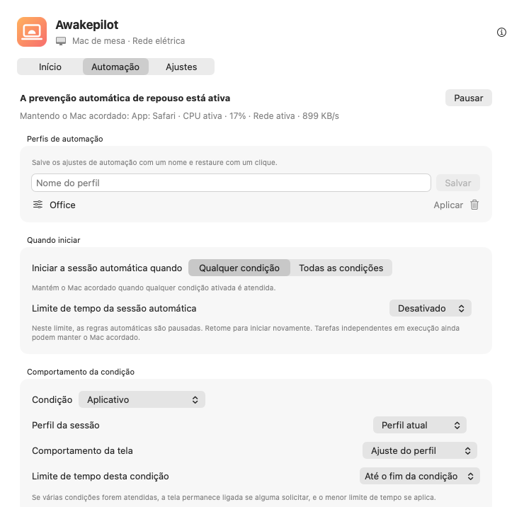 Perfis de automação e controles por condição do Awakepilot