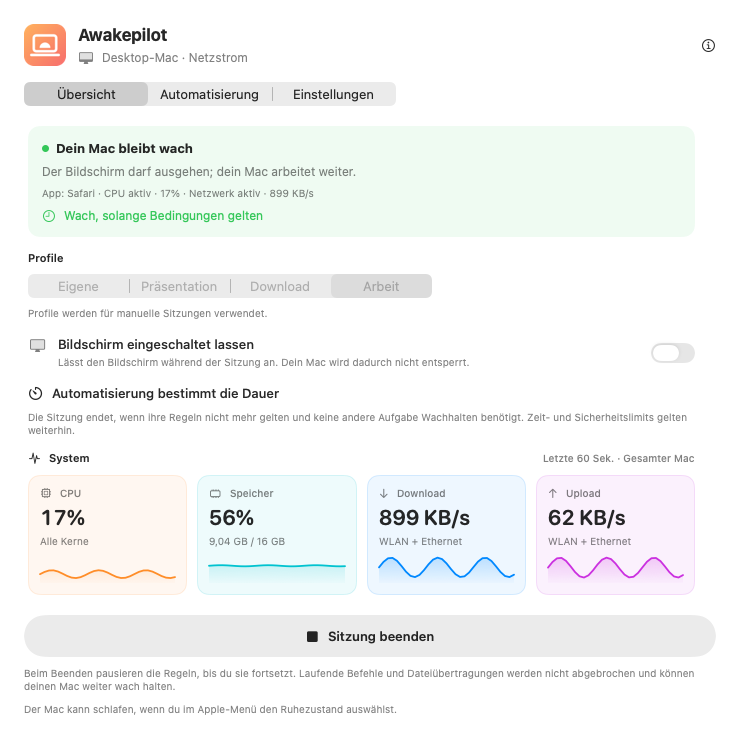 Awakepilot-Übersicht mit aktiver Wachhalte-Sitzung und Live-Systemwerten
