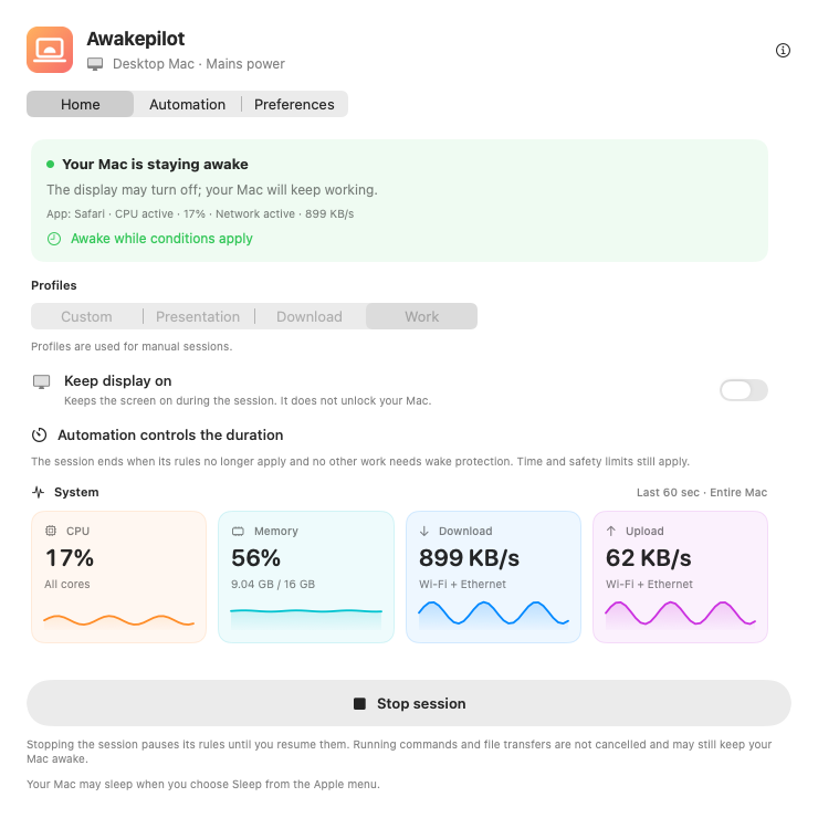 Awakepilot dashboard showing an active wake session and live system metrics
