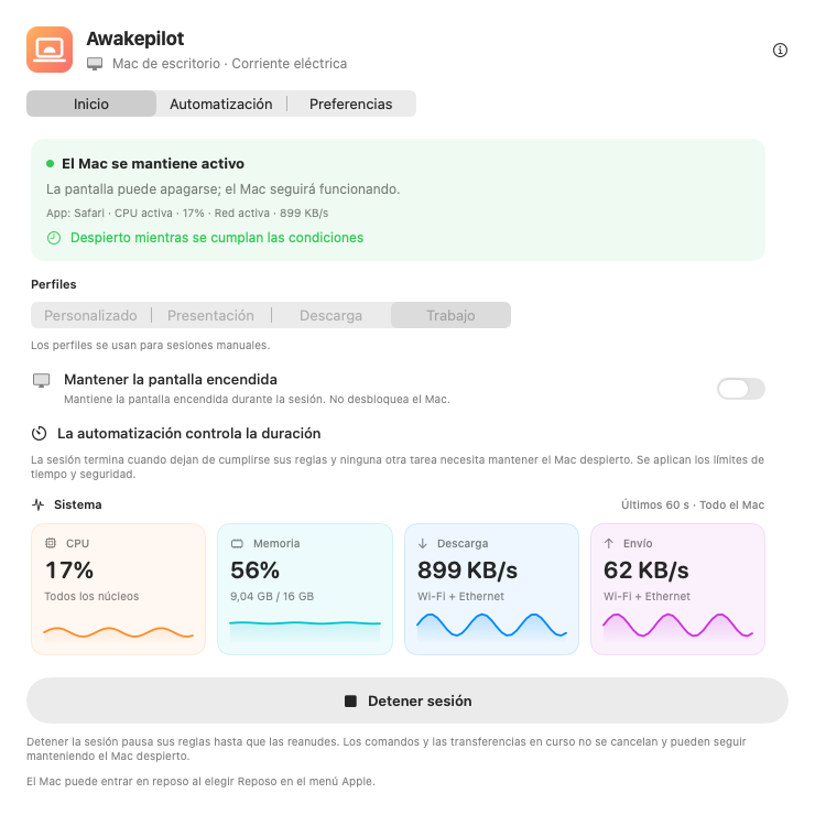 Panel de Awakepilot con una sesión activa y métricas del sistema en tiempo real