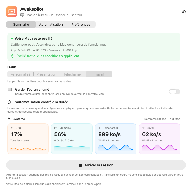Tableau de bord Awakepilot avec une session active et les mesures système en direct