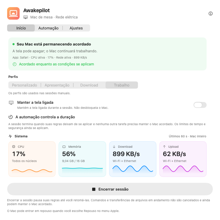 Painel do Awakepilot com sessão ativa e métricas do sistema em tempo real