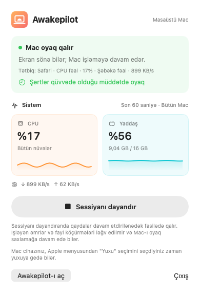 Awakepilot-un menyu sətrindəki yığcam paneli
