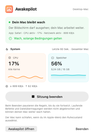 Kompaktes Awakepilot-Menüleistenfenster