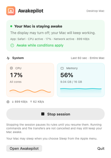 Awakepilot compact menu bar panel