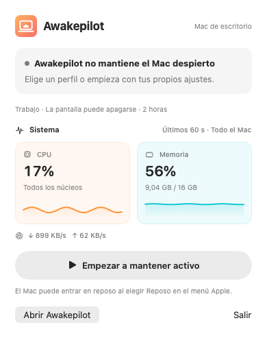Panel compacto de Awakepilot en la barra de menús