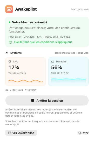 Panneau compact d’Awakepilot dans la barre des menus