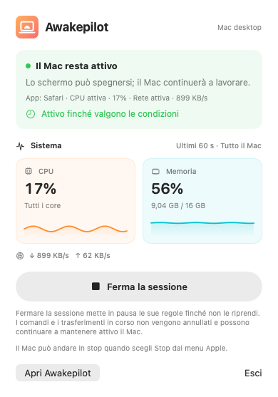 Pannello compatto di Awakepilot nella barra dei menu
