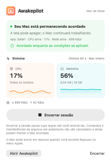 Painel compacto do Awakepilot na barra de menus