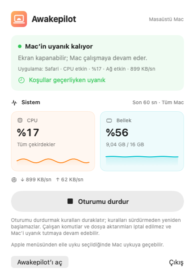 Awakepilot kompakt menü çubuğu paneli